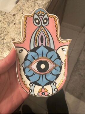 Ceramic Hamsa Hand Trinket Dish - Evil Eye Jewelry Tray  Boho Decor
